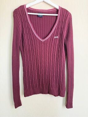 Le Tigre Y2K Women's Cable Knit V-Neck Sweater Pink Trim Burgundy Academia XL